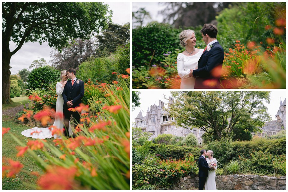 Bride & Groom photographs in gardens at Château Rhianfa wedding North Wales