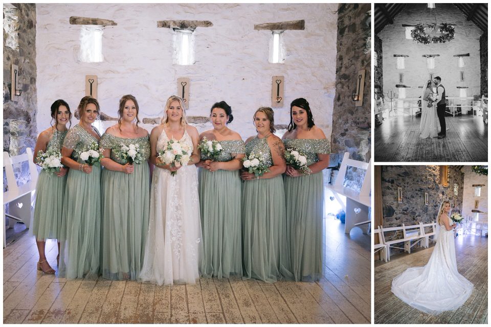 Bride, Groom & Bridesmaids inside barn at Hafod Farm during wedding day