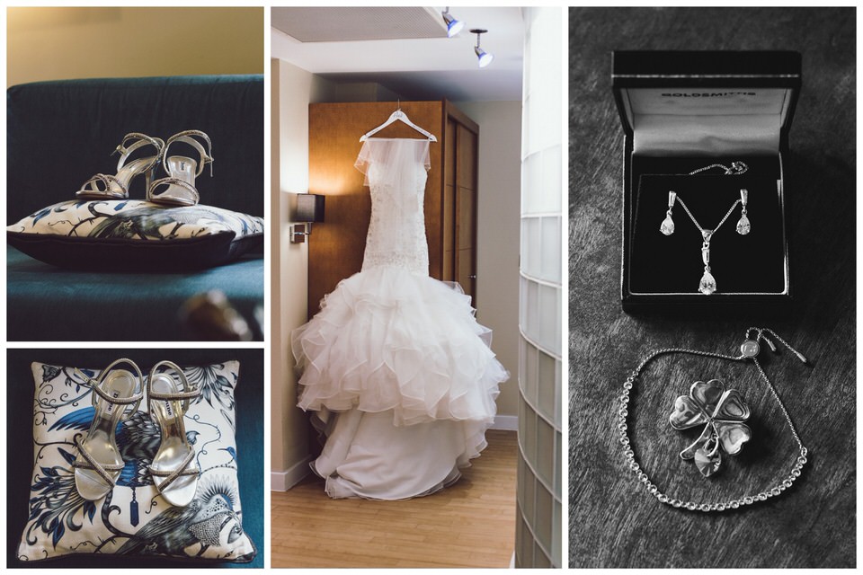 Bride's dress, shoes and jewellery during bridal prep at the Wild Pheasant Hotel 