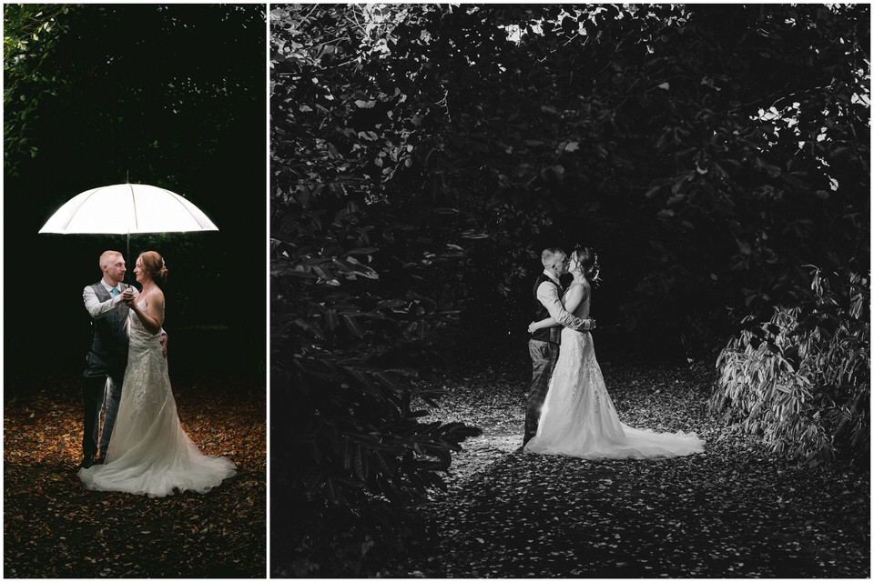 Bride & Groom wedding photography with flash in woods at Harrisons Hall