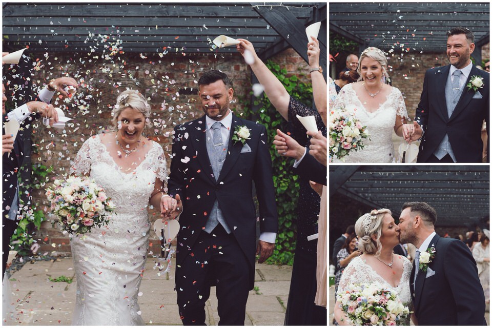 Confetti photographs after wedding ceremony at Lion Quays Hotel & Spa