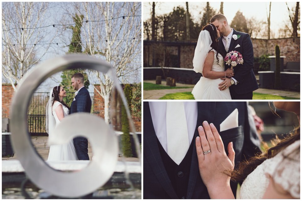 Bride & Groom wedding day portraits in gardens at Lion Quays wedding venue