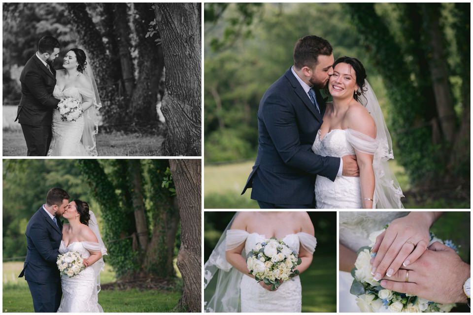 Collage of wedding day portrait photographs featuring Bride & groom in gardens at Wigfair Hall