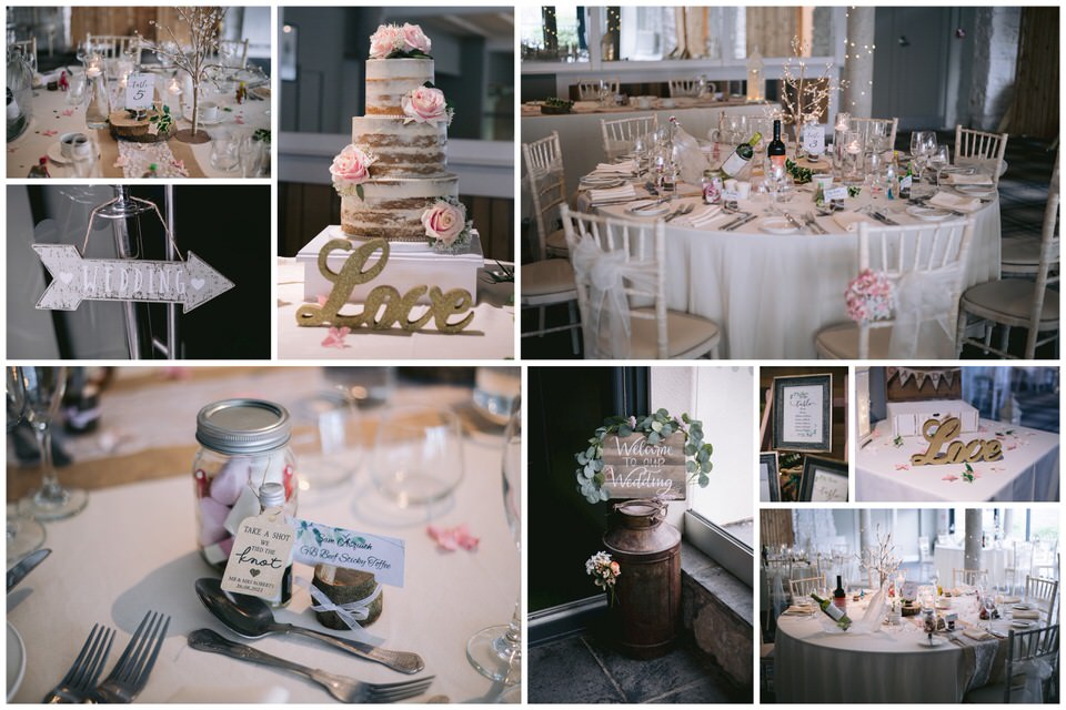 Collage of photographs featuring the reception room at the Faenol Fawr Barn wedding venue