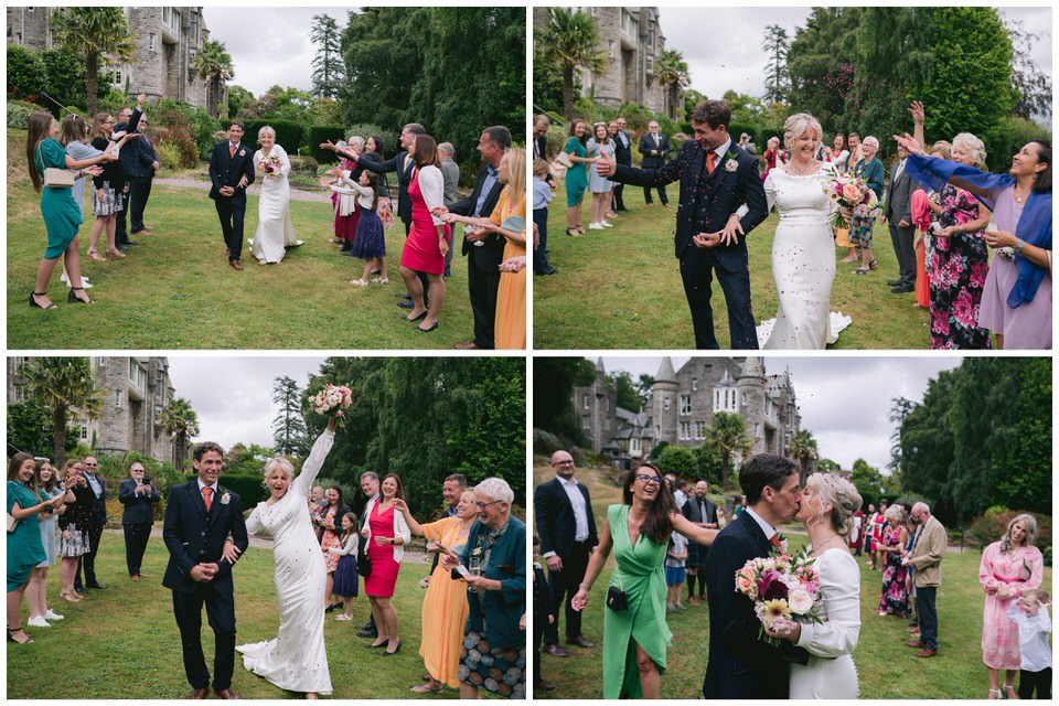 Photograph collage of wedding day confetti throw at Château Rhianfa wedding North Wales