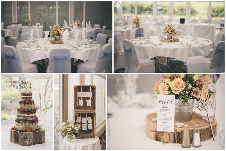 Wedding breakfast set-up featuring centre pieces and wedding cake at Lion Quays