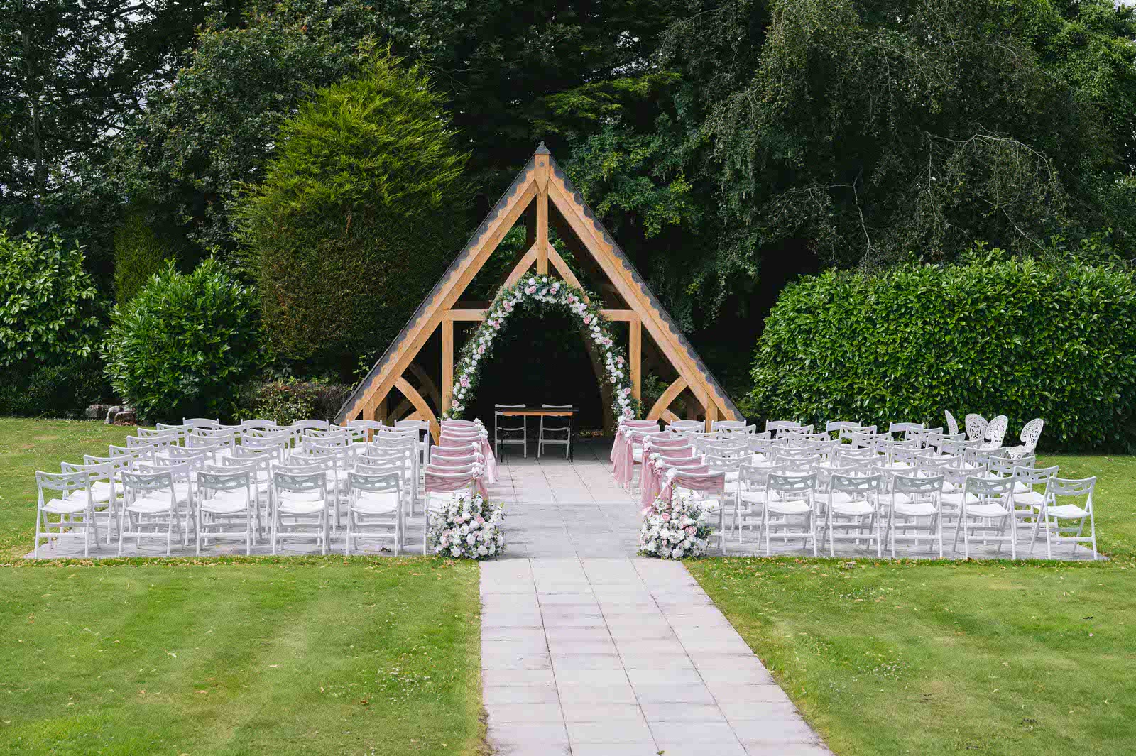 Outdoor ceremony pergoda in the grounds of Highfield hall in Northop North Wales