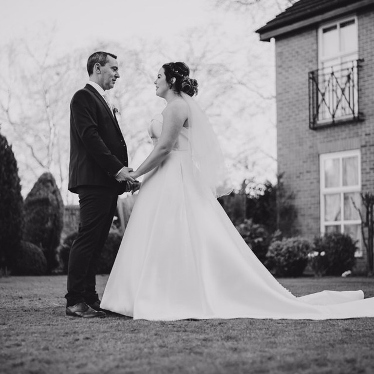 Black & white wedding portrait in gardens of Rossett Hall