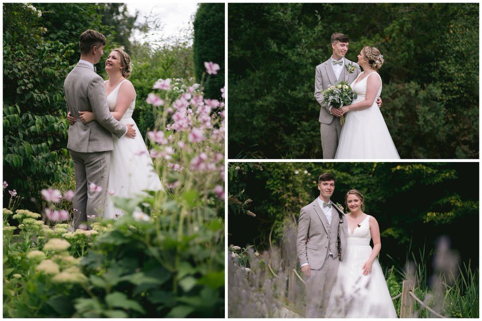 Bride & Groom portraits amongst the flowers in gardens at the Oak Tree Peover Cheshire