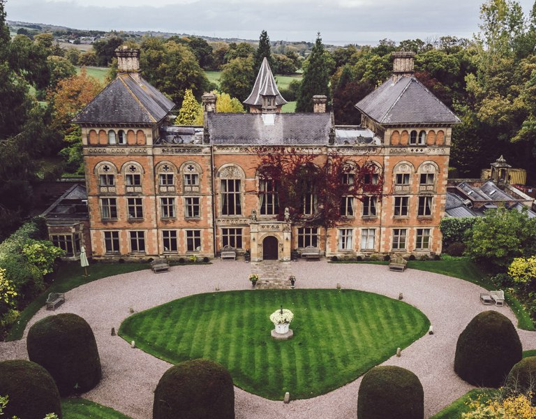 Drone photography of a stately home wedding venue in North Wales with manicured lawns