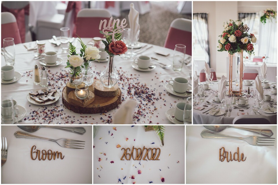 Collage of wedding breakfast set-up at Lion Quays wedding
