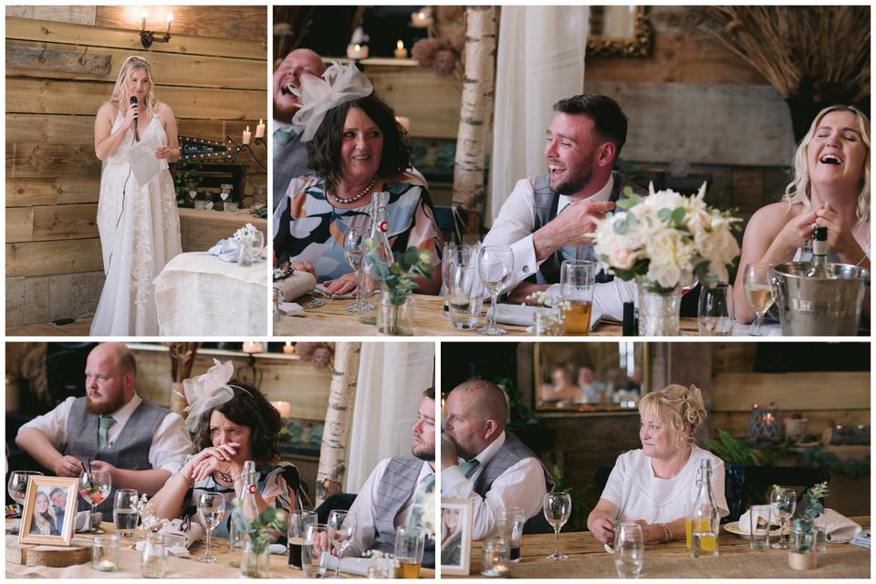 Bride, Groom & guests laugh during wedding day speeches at Hafod Farm wedding venue