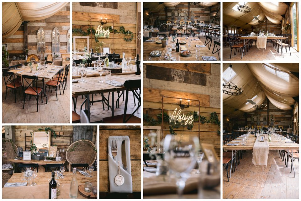 Collage of photographs featuring the set-up for wedding breakfast at Hafod Farm in North Wales