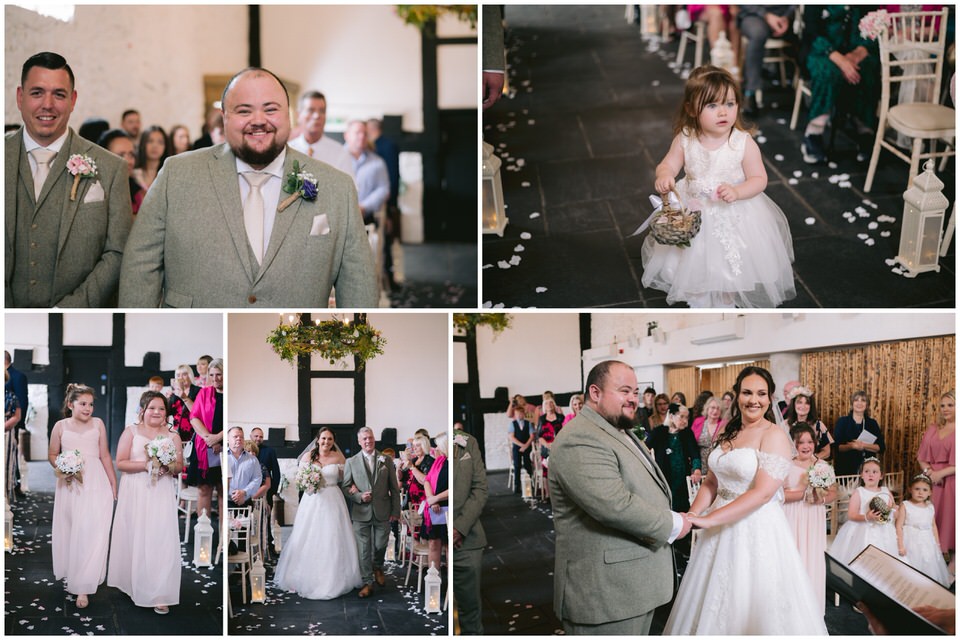 wedding photography collage of ceremony in the Barn at Faenol Fawr