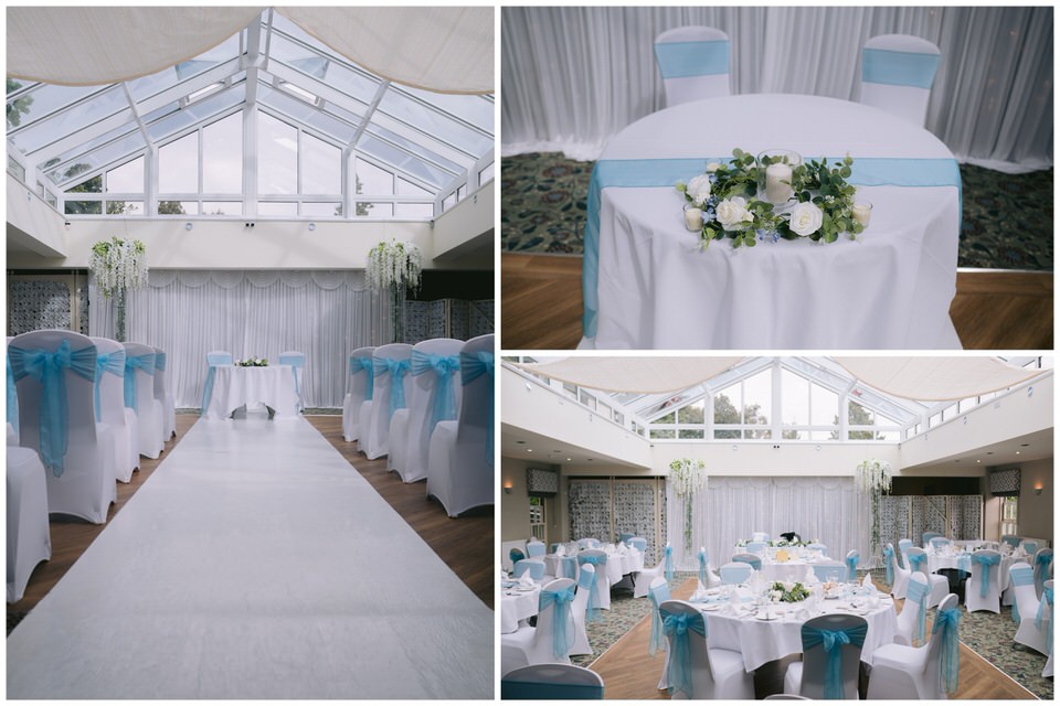 Collage of 3 photographs featuring the ceremony room at Harrisons Hall in Mold