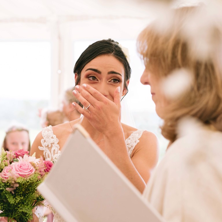 Bride gets emotional during Marquee wedding in Penyffordd North Wales