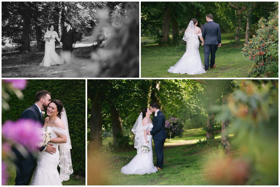 Collage of wedding day photography portraits featuring Bride & groom in gardens at Wigfair Hall