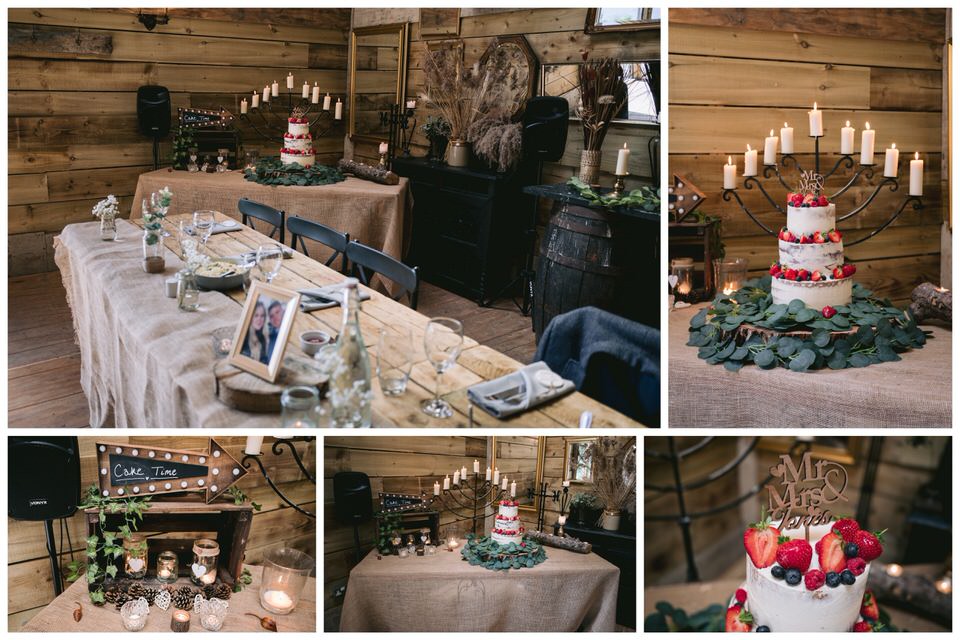 Collage of photographs featuring the set-up for wedding breakfast and wedding cake at Hafod Farm