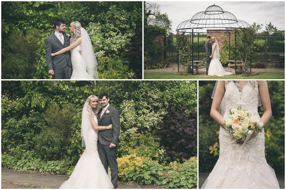 Bride & Groom portraits in gardens at wedding in Lion Quays Hotel