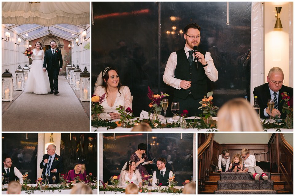 Collage of Bride & Groom entering wedding reception & wedding speeches at Soughton Hall North Wales