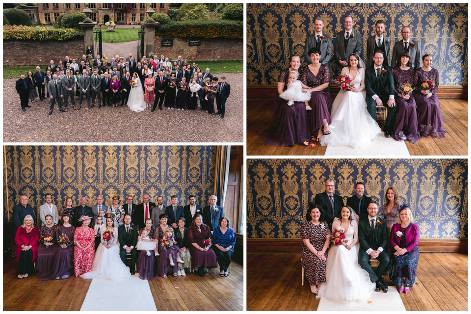 Collage of wedding group photography inside and outside at Soughton Hall North Wales wedding venue