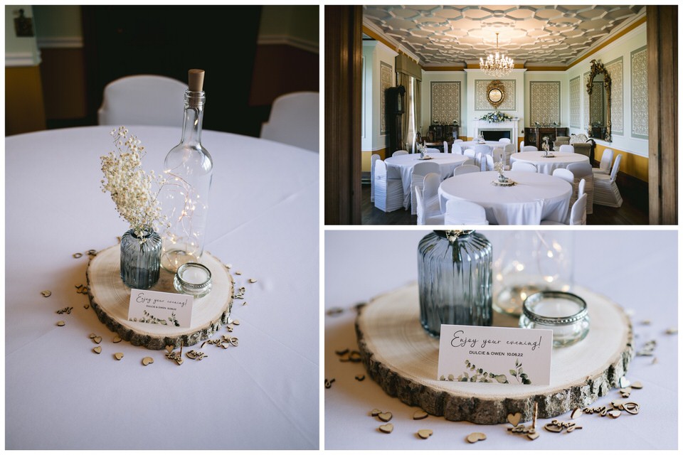 Collage of wedding room and centre pieces at wedding in Wigfair Hall North Wales