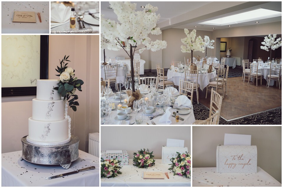 Function room at Rossett Hall Hotel set-up for wedding breakfast and wedding cake