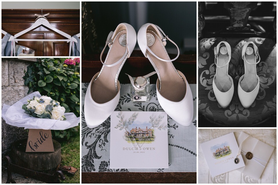 Collage of photographs featuring Bride's shoes, flowers & invitation at Wigfair Hall