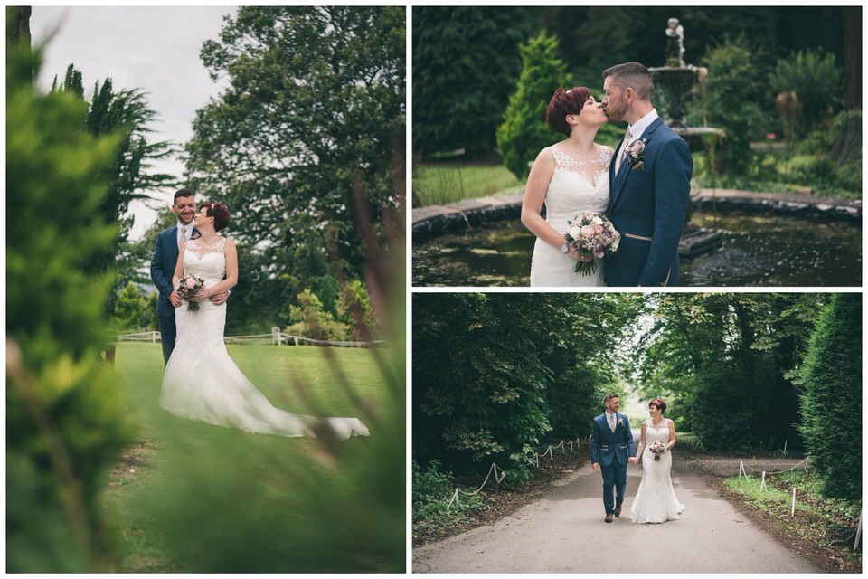 Collage of Bride & Groom in gardens of Highfield hall in Northop North Wales wedding venue