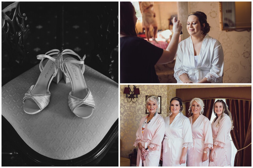 Collage featuring shoes, make-up application and group shot during Bridal prep at Rossett Hall Hotel