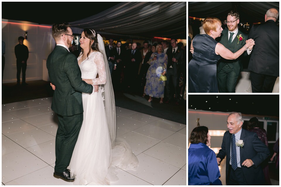 First dance at wedding and guests dancing in Soughton Hall North Wales wedding venue