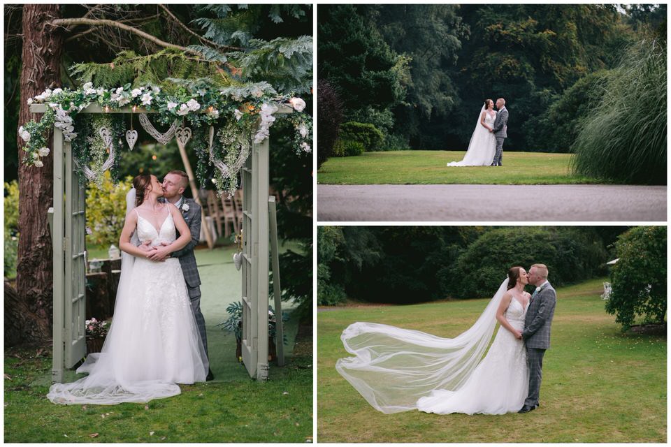 wedding photography collage of Bride & Groom in garden at Harrisons Hall in Mold