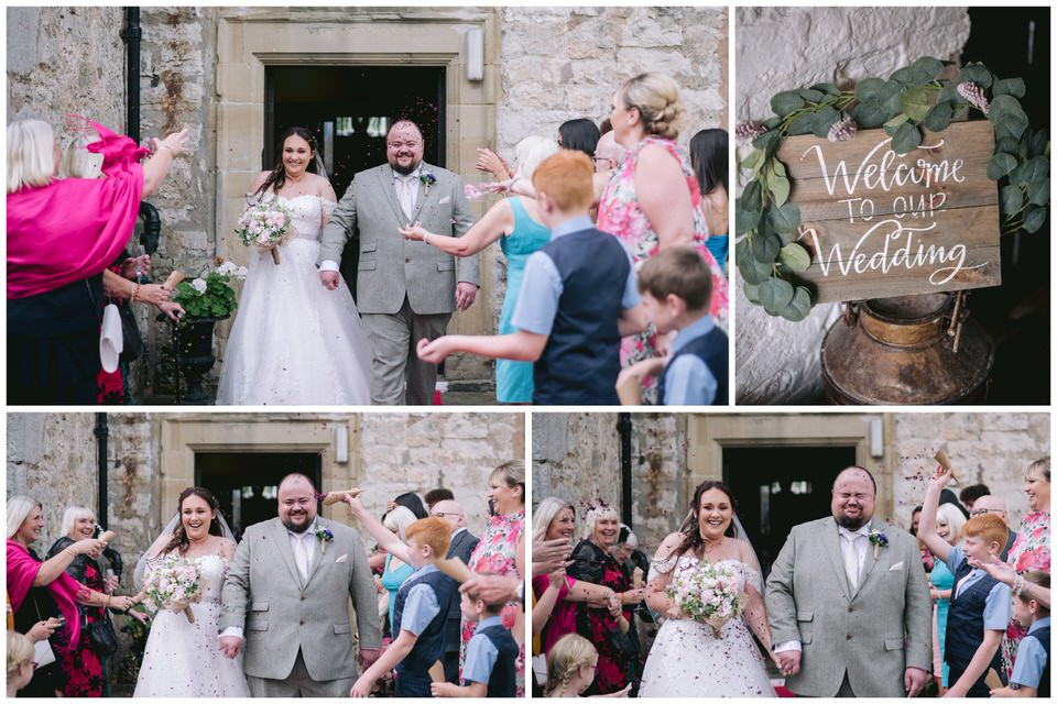wedding photography collage of Bride & Groom getting showered in confetti at Faenol Fawr