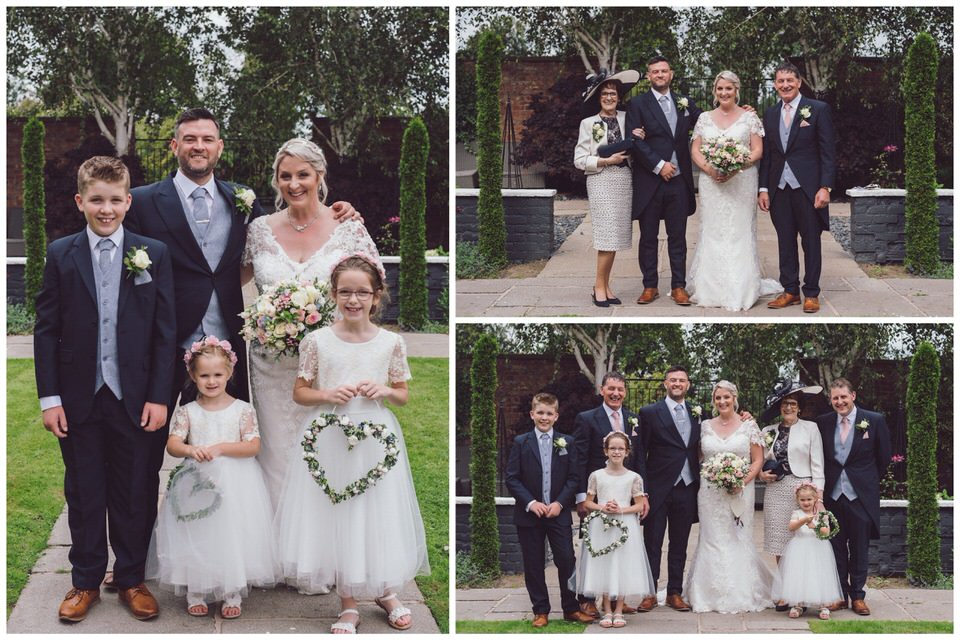 Wedding day group portraits outside of Lion Quays wedding venue