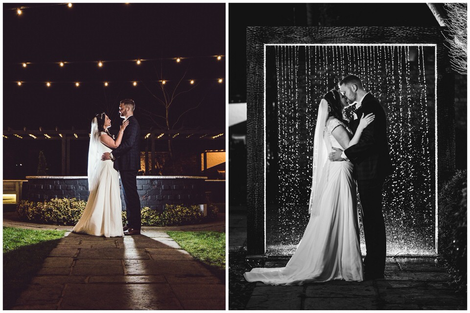 Night time wedding day photographs in gardens at Lion Quays Shropshire