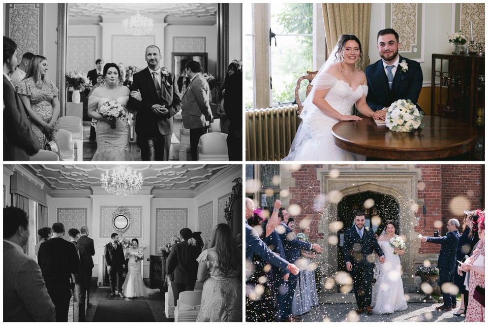 Collage of wedding ceremony photographs and confetti toss at wedding in Wigfair Hall