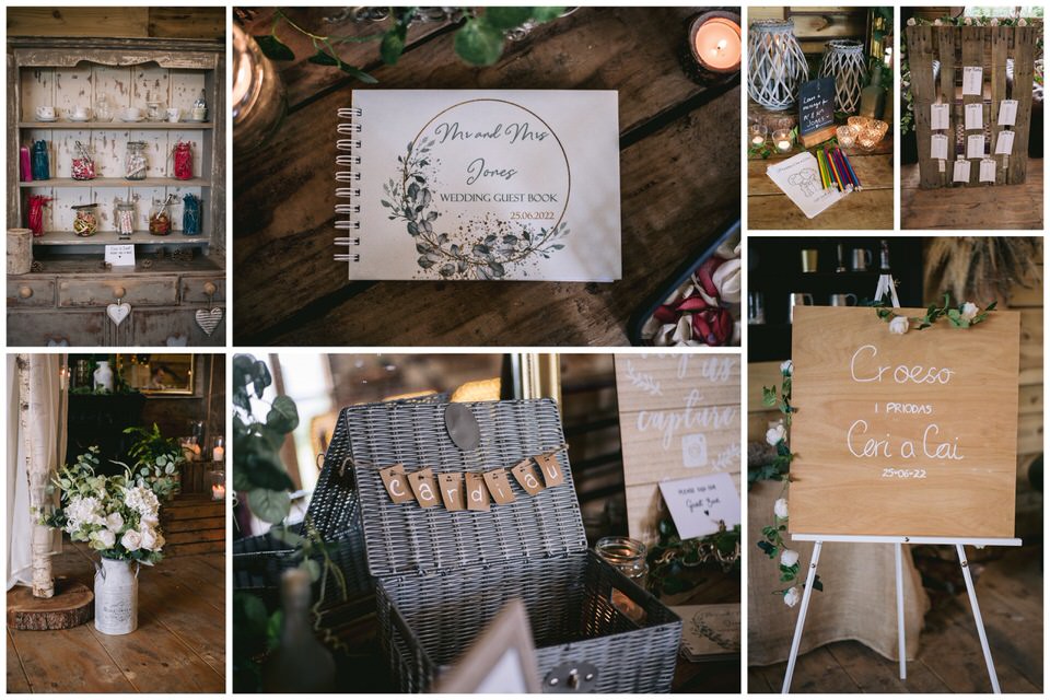 Collage of photographs featuring the wedding set-up at Hafod Farm in North Wales