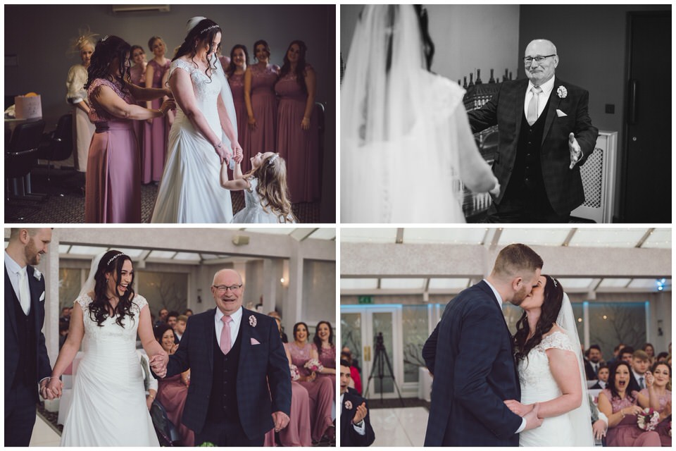 Collage photograph featuring bridal prep & ceremony at Lion Quays wedding