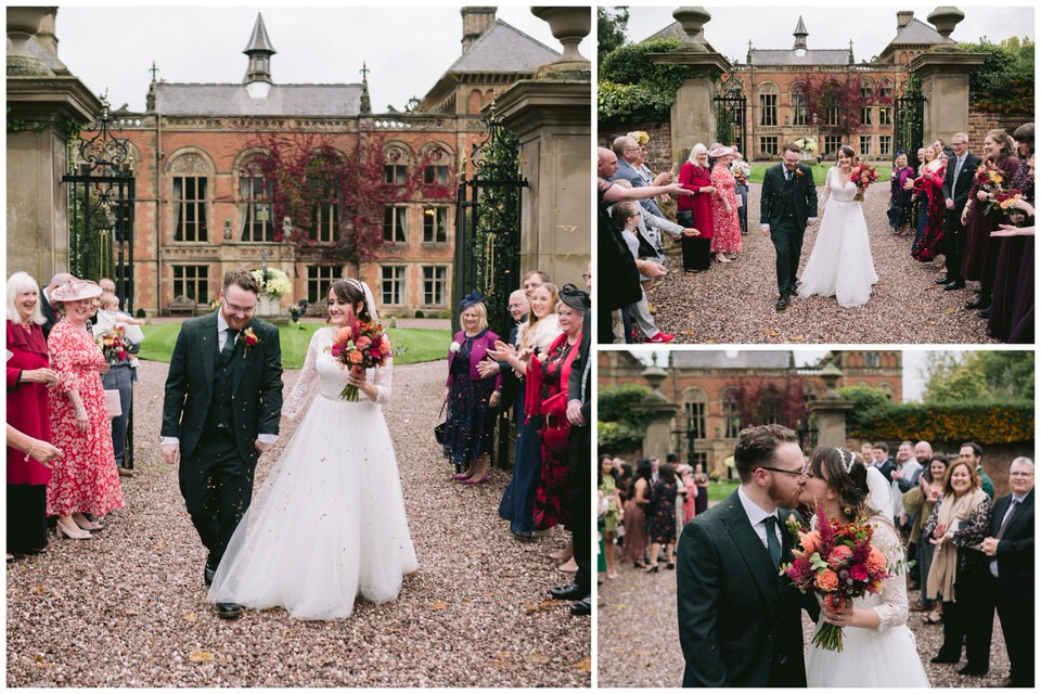 Collage of Bride & Groom being showered in confetti in front of gates at Soughton Hall