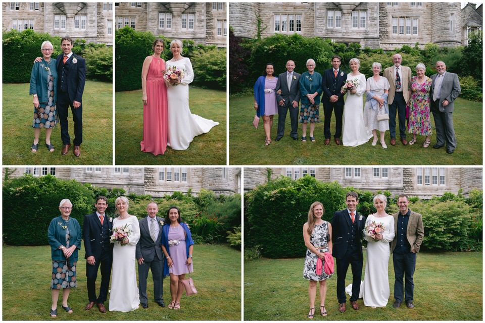 Collage of wedding group photographs in gardens at Château Rhianfa North Wales