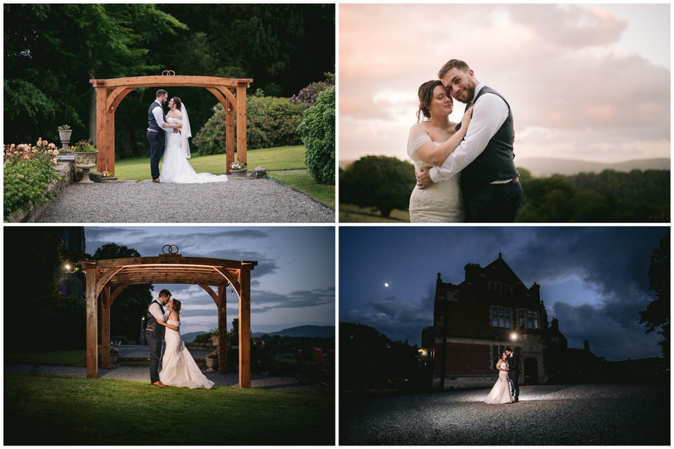 Collage of wedding day evening photographs featuring Bride & groom in gardens at Wigfair Hall