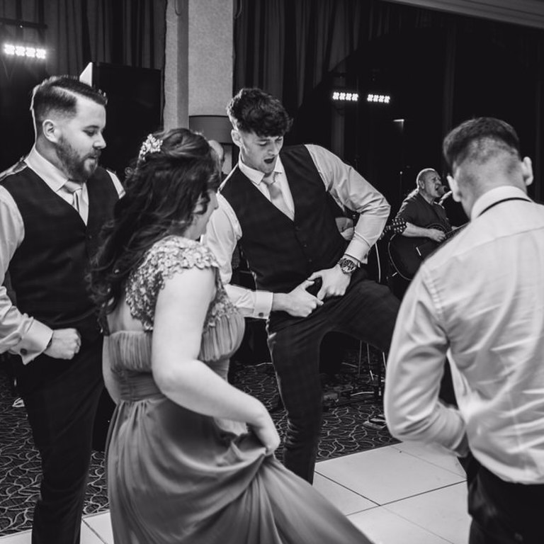 Bridesmaids and Groomsmen dance at wedding, Lion Quays Oswestry 