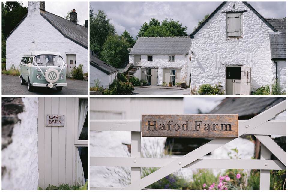 Exterior photographs of Hafod Farm before a wedding, showing the buildings and a campervan