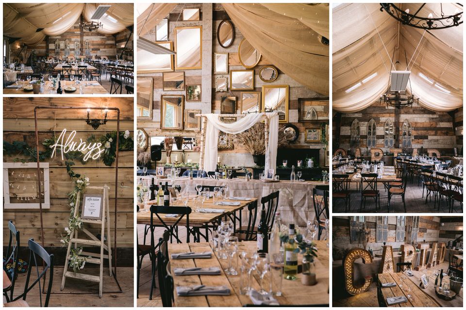 Collage of photographs featuring the set-up for wedding at Hafod Farm in North Wales
