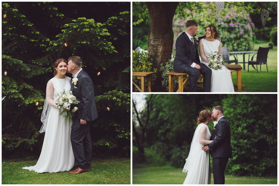 wedding photography collage of Bride & Groom by trees at Harrisons Hall
