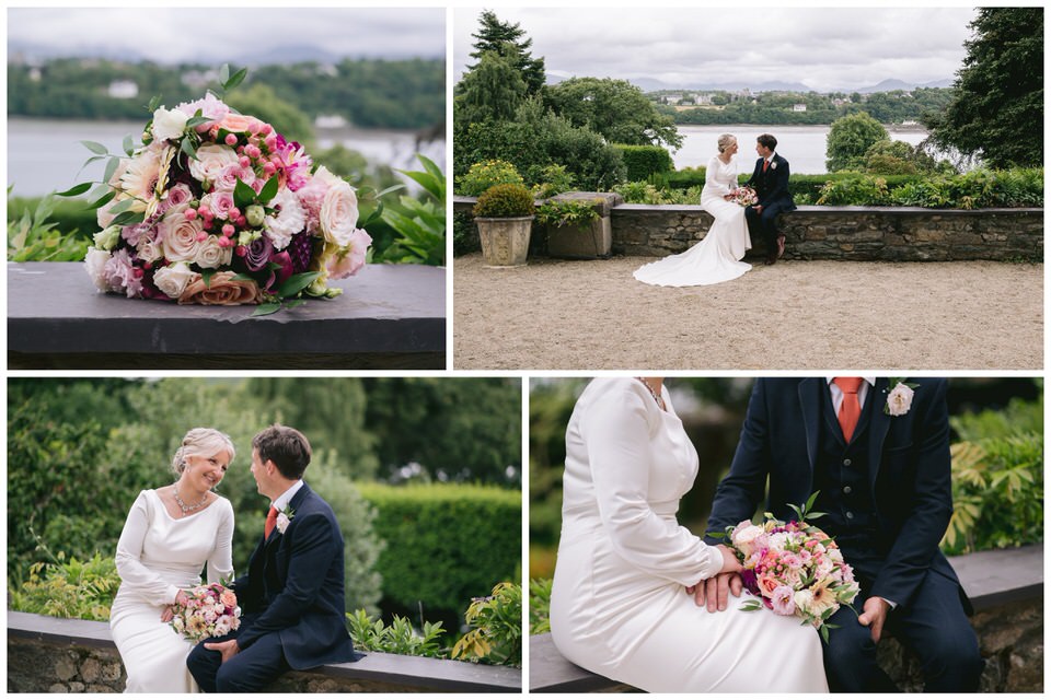 Bride & Groom portraits with stunning views at wedding in gardens at Château Rhianfa North Wales