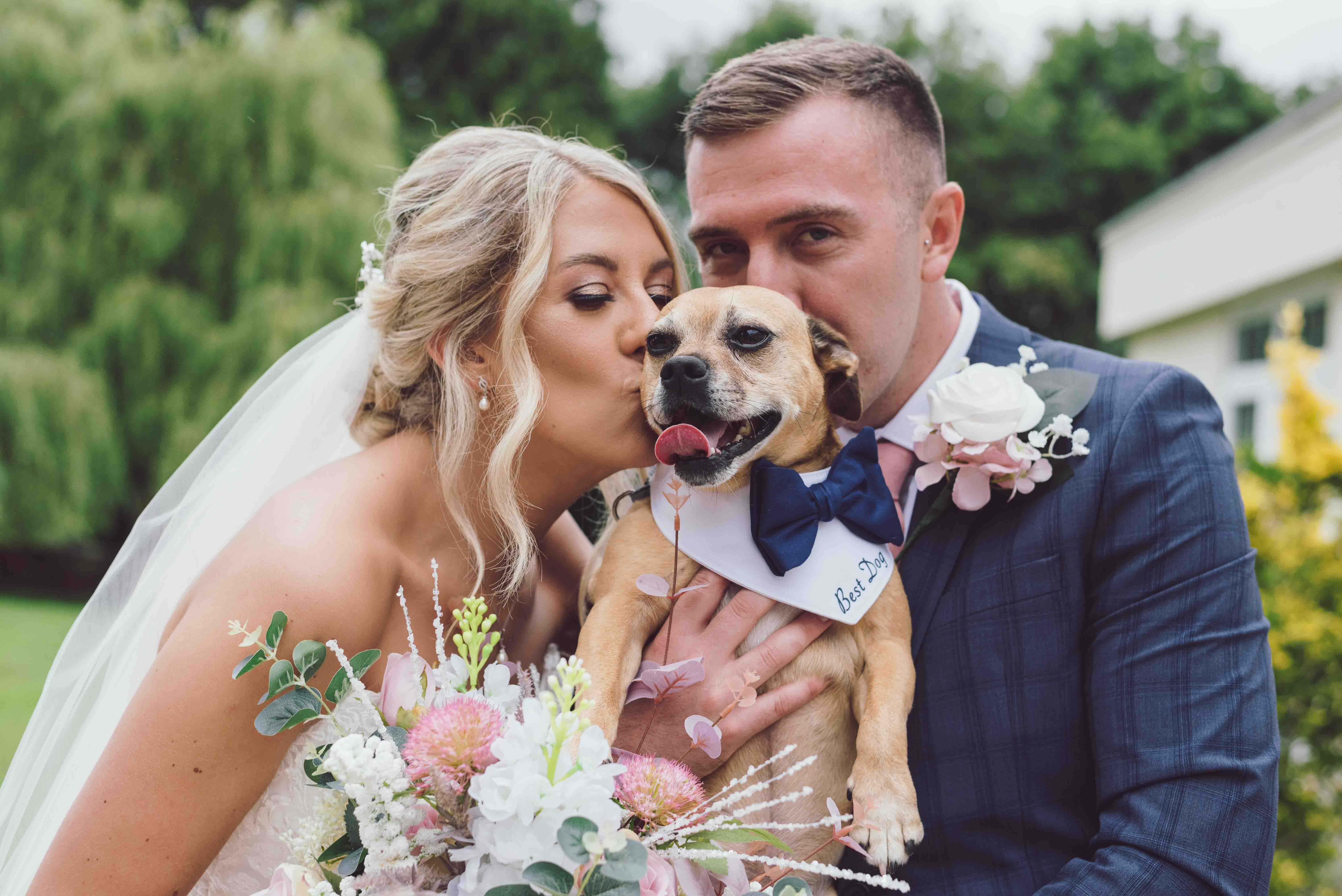 Bride & Groom hold dog during wedding at Oriel Hotel in North Wales