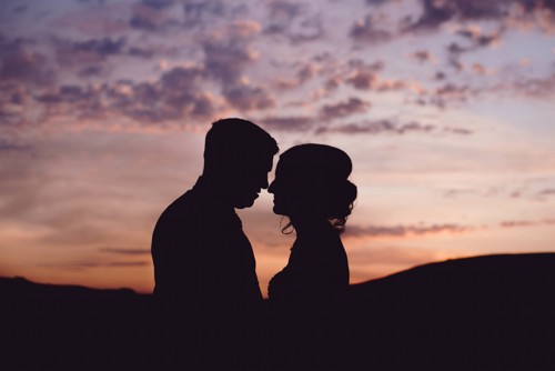 Silhouette of Bride & Groom at sunset during a North wales wedding