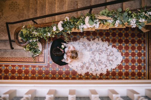Arial photograph of bride & Groom hugging taken by local wedding photographer